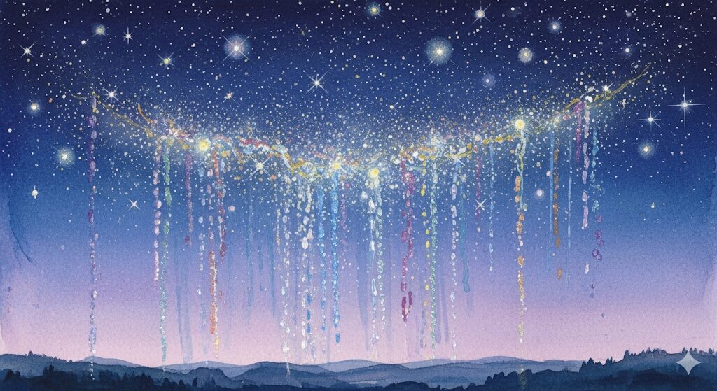 一回の睡眠でいろんな夢を見るスピリチュアルなメッセージ。星空から優しく降り注ぐ、高次元からのメッセージを象徴する光の模様。
