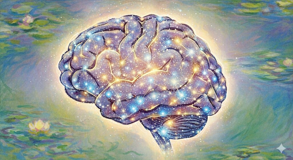 一回の睡眠でいろんな夢を見るスピリチュアル以外の理由。夢を見ている間の神経活動を示す、光り輝く脳の様子を描いた水彩画。
