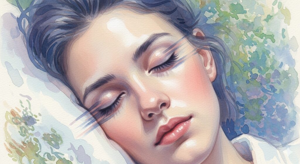 一回の睡眠でいろんな夢を見るスピリチュアルな現象と関係するレム睡眠。まぶたの下で眼球が動く様子を柔らかなタッチで描いた水彩画。