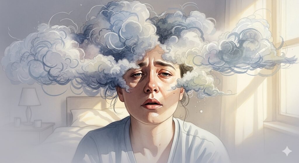 一回の睡眠でいろんな夢を見るスピリチュアルな体験後の疲労感。夢の残像に囲まれ、疲れ切った表情で目覚める人物を描いた水彩画。