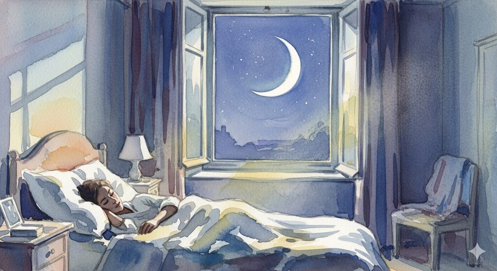 一回の睡眠でいろんな夢を見るスピリチュアルな悩みの解決策。三日月の光が差し込む寝室で、安らかに眠る人を描いた水彩画。