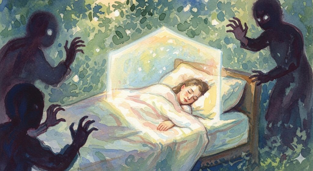 一回の睡眠でいろんな夢を見るスピリチュアルな悪夢対策。眠る人を守る光の盾が、闇を退ける様子を描いた安心感のある水彩画。