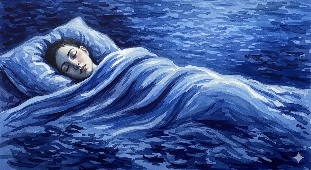 一回の睡眠でいろんな夢を見るスピリチュアルな疑問。夢を見ない深い眠りを、静かで落ち着いた青の世界で描いた安らかな水彩画。