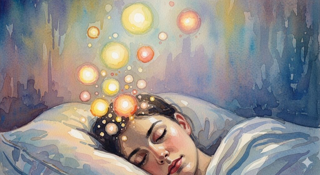 一回の睡眠でいろんな夢を見るスピリチュアルな実践法。幸せな思考が光の玉となって心に浮かぶ様子を描いた心温まる水彩画。