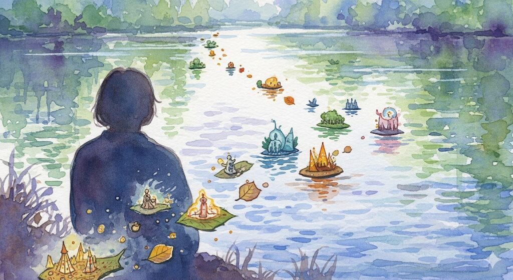 一回の睡眠でいろんな夢を見るスピリチュアルな心の持ち方。流れる夢を静かに眺め、気にしない様子を描いた穏やかな水彩画。