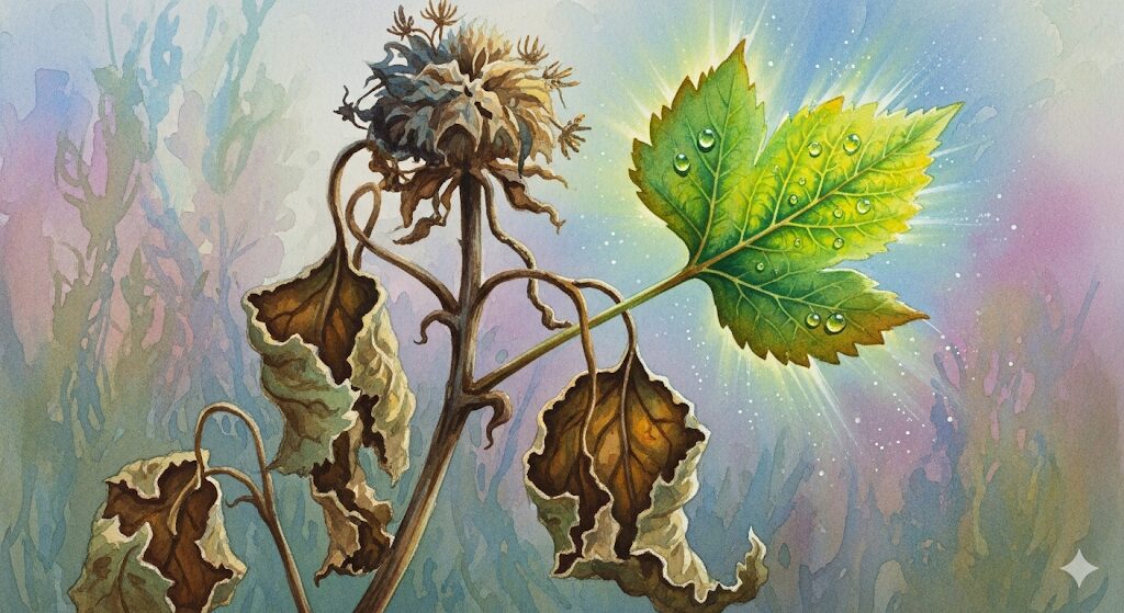 枯れた植物から新しい芽が出る様子。急に老けたと感じるのは魂が成長する好転反応というスピリチュアルなメッセージです。