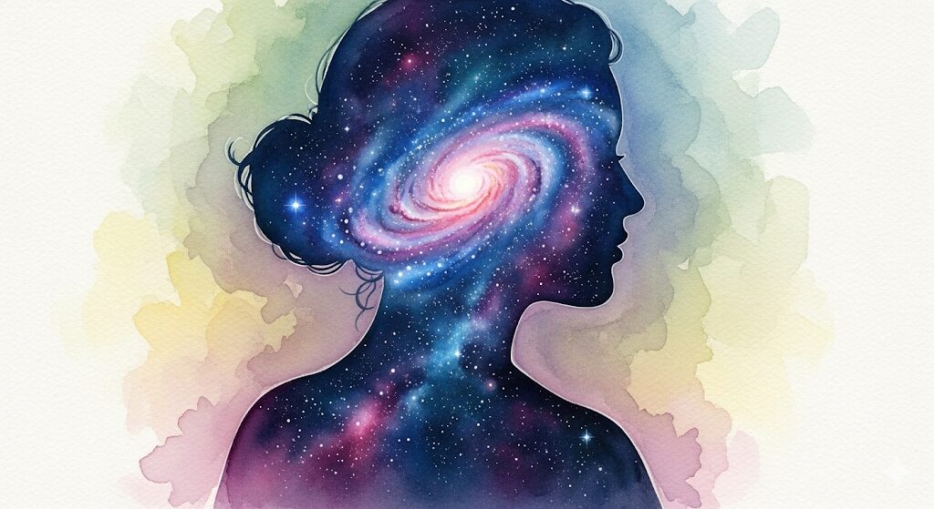 人物のシルエットの中に輝く銀河が描かれた絵。「急に老けた」という感覚は、魂の進化と変容のスピリチュアルな過程です。