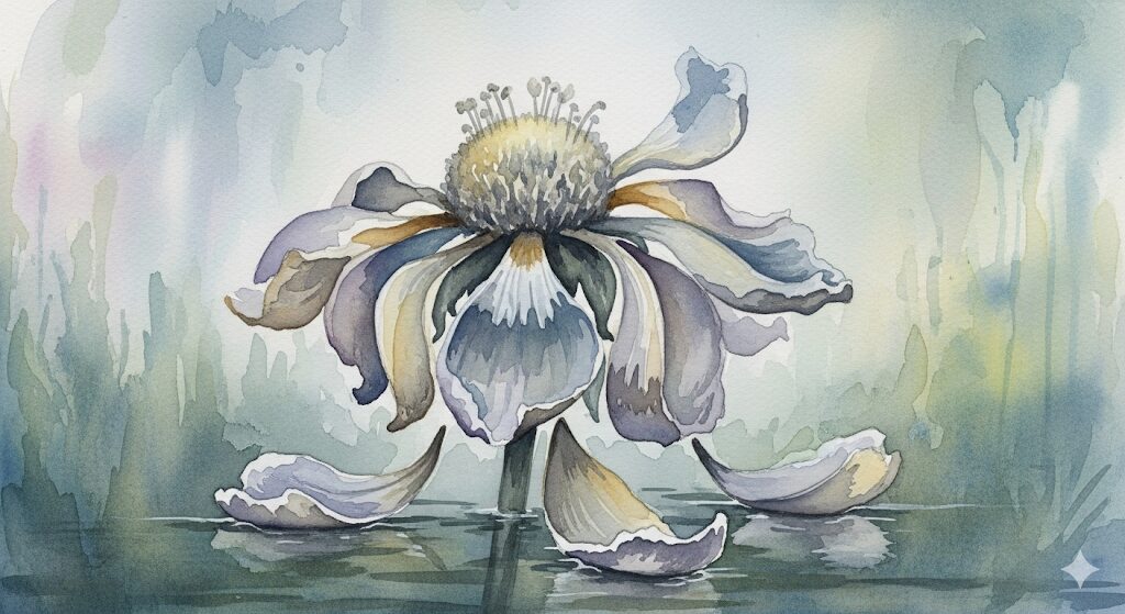 花びらが散っていく美しい花の水彩画。「急に老けた」と感じる時、スピリチュアル的にはエネルギー低下が原因の場合も。