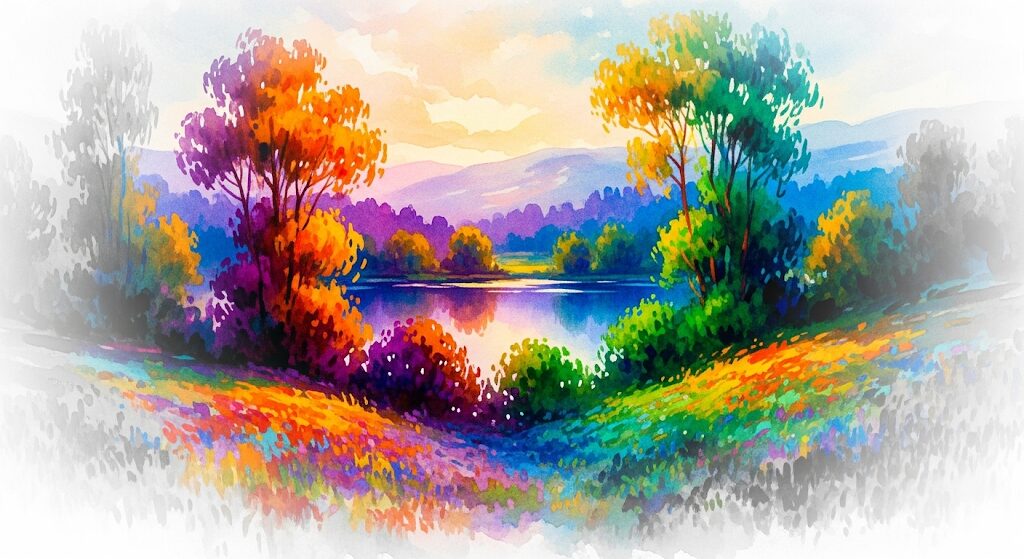 美しい風景が灰色に色褪せていく水彩画。「急に老けた」と感じるのは、波動低下のスピリチュアルな影響かもしれません。