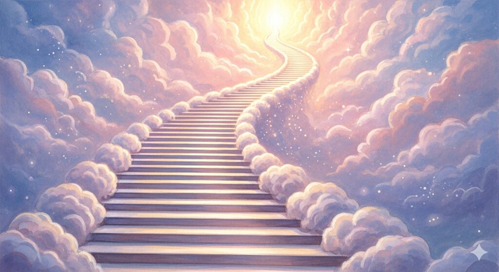 雲の階段が天上の光へと続く絵。「急に老けた」と感じたら、霊格のステージが変わるスピリチュアルな前兆かもしれません。