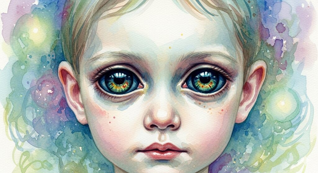 賢く古い魂を持つ子供の神秘的な表情。「急に老けた」という感覚は、あなたの魂年齢を示すスピリチュアルなサインかも。