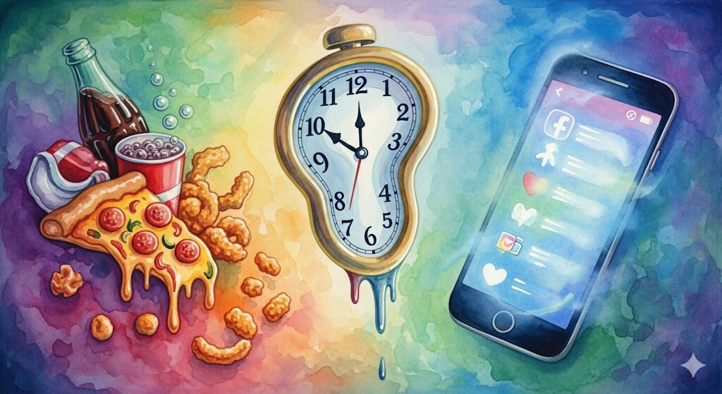 溶ける時計と乱れた生活習慣の絵。「急に老けた」と感じたらスピリチュアルなサインと共に生活習慣の見直しも大切。