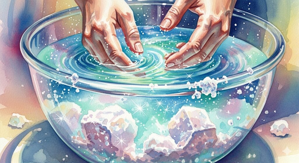 周りが敵に見えるスピリチュアルな状況を浄化する方法。光る塩水で手を清めるイメージでエネルギー浄化を表現した水彩画。