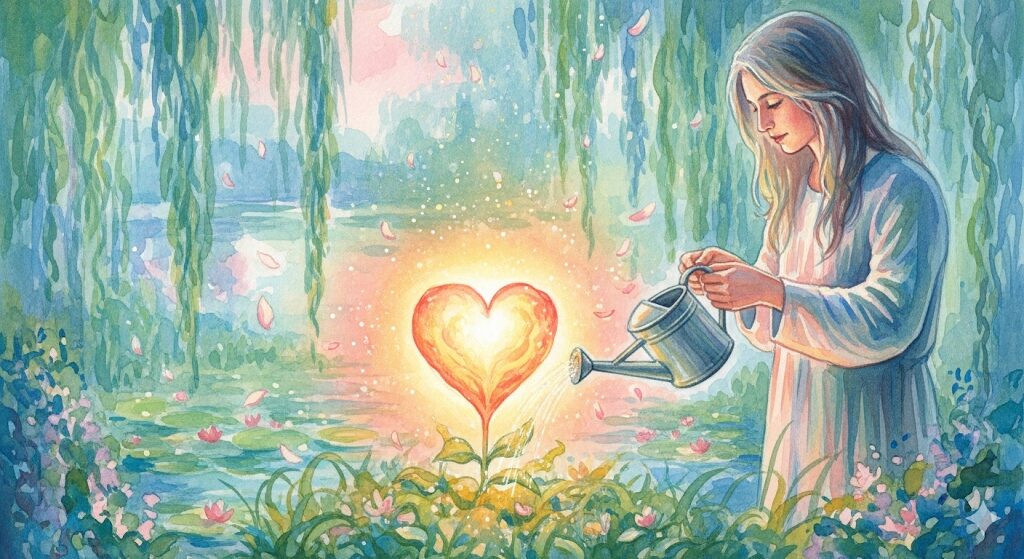 周りが敵に見えるスピリチュアルな悩みを自己愛で解決。輝くハートの植物を育てる様子で恋愛運アップを表現した神秘的な絵。