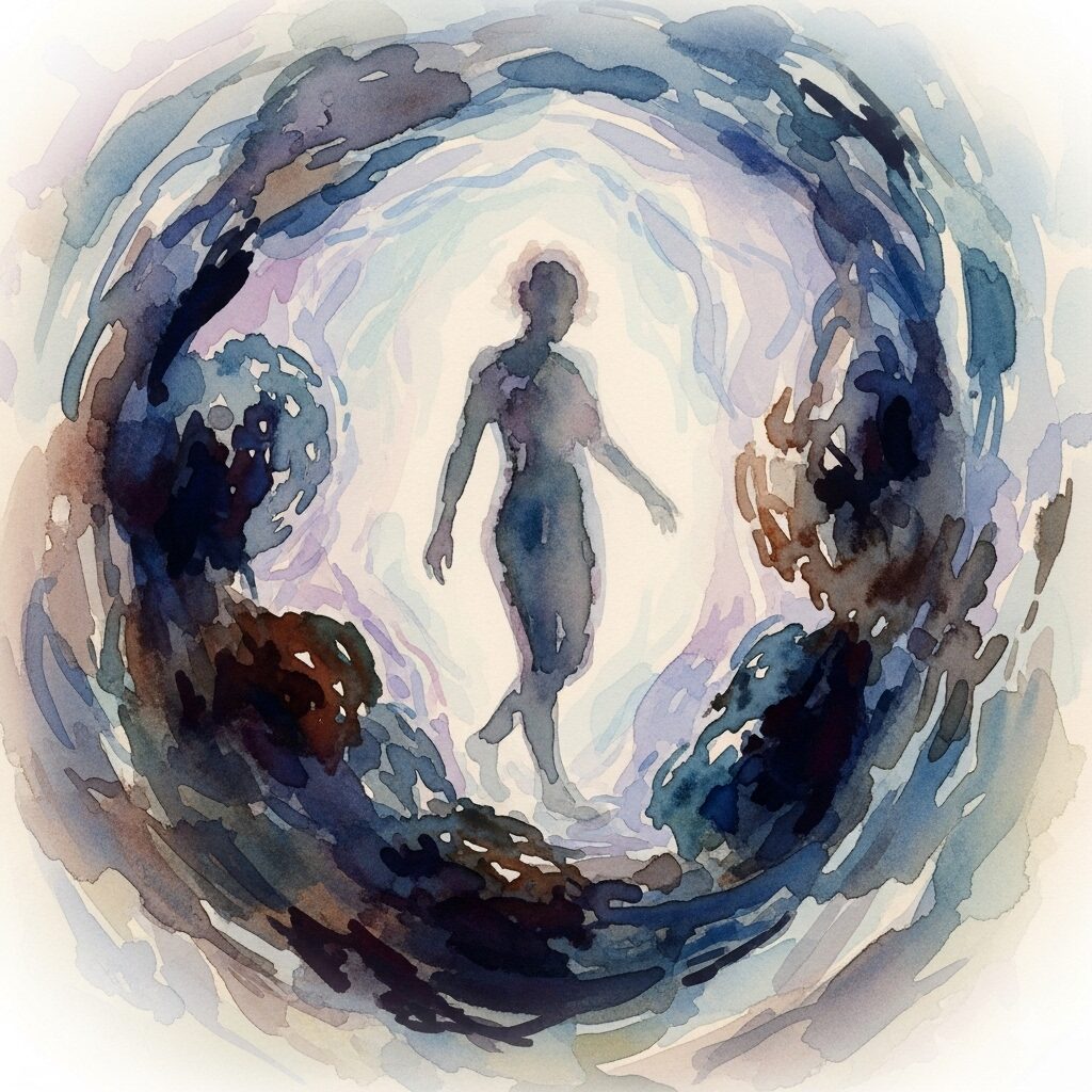 息を止める癖の心理的背景をスピリチュアルに表現した抽象画。過去の体験から来る自己防衛の反応を、モネ風の神秘的な水彩で描く。
