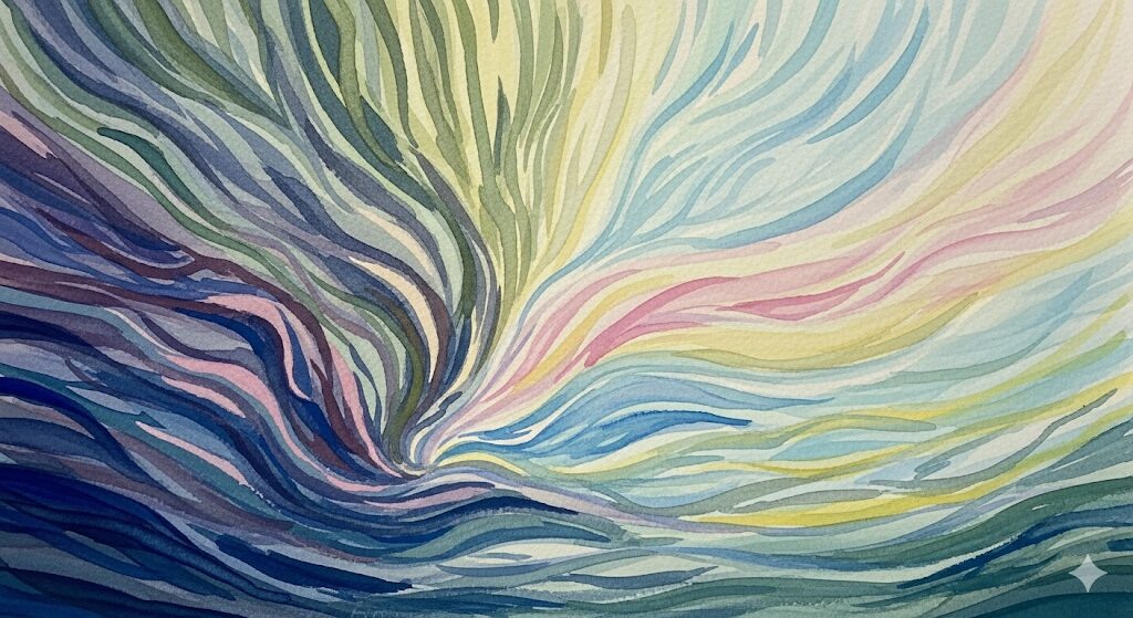 息を止めていることに気づいた時の対処法を表現した、モネ風の神秘的な水彩画。暗い色から明るい色へと変化する流れるような線が、意識的な呼吸による解放と緩和を象徴しています。
