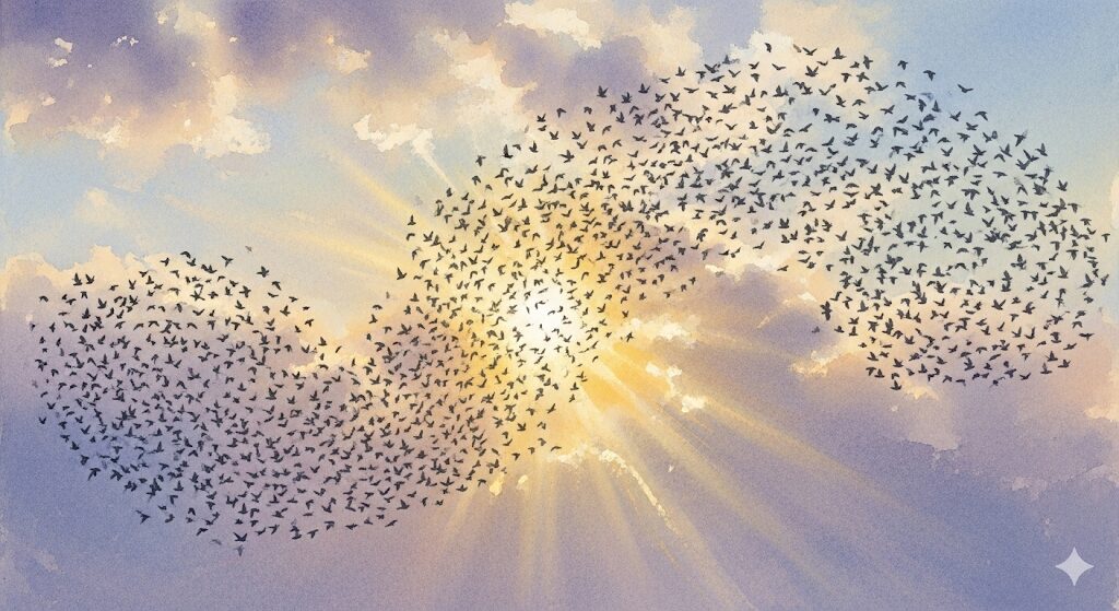 幸運の光が差し込む空を飛ぶ、ムクドリ大群のスピリチュアルなイラスト。モネ風の水彩画で描かれた、幸運の訪れを告げる鳥の群れの絵。
