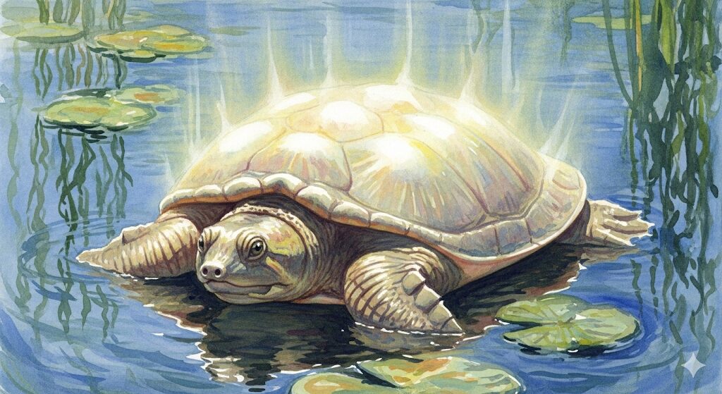 長寿と再生の象徴である亀の神秘的なイラスト。スッポン スピリチュアルなテーマで、魂の永遠性をモネ風水彩画で表現しています。