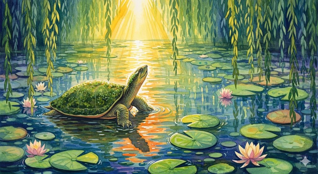 幸運が訪れる前兆としてのすっぽんを描いた美しい水彩画。スッポン スピリチュアルな観点から見たポジティブな変化のサインです。