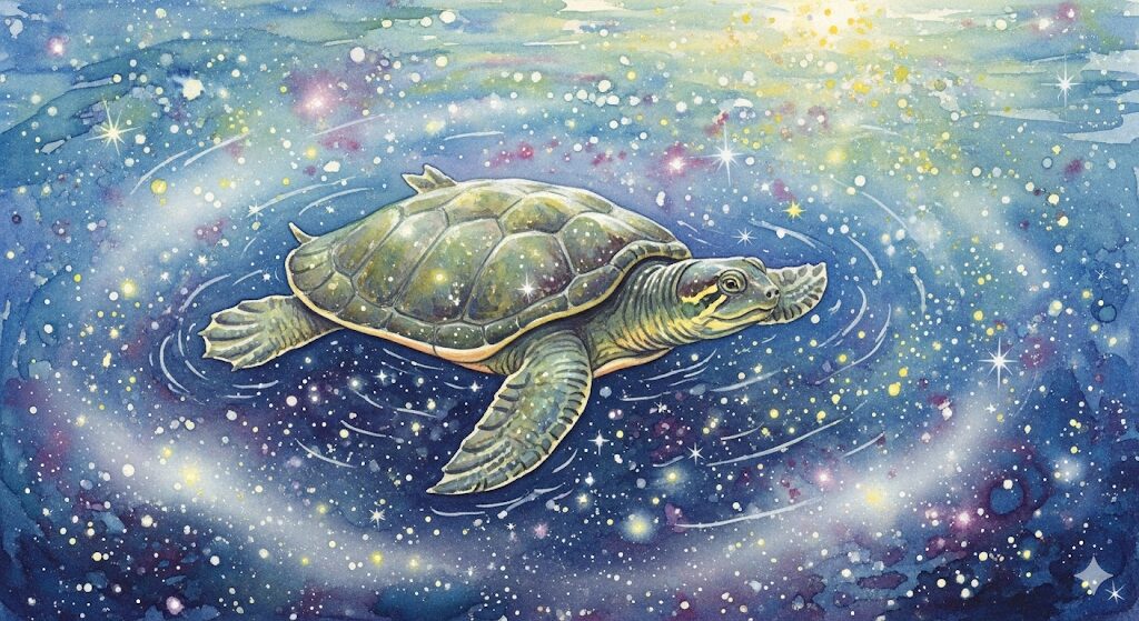 夢占いで見るすっぽんの世界を表現した星空の池の絵。スッポン スピリチュアルな深層心理からのメッセージを読み解くヒント。