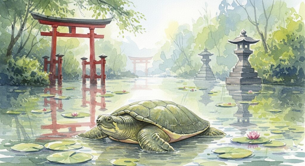 神社で見かけるすっぽんが持つ特別なご利益のイメージ。神聖な池に現れた亀は、スッポン スピリチュアルな歓迎のサインを意味します。