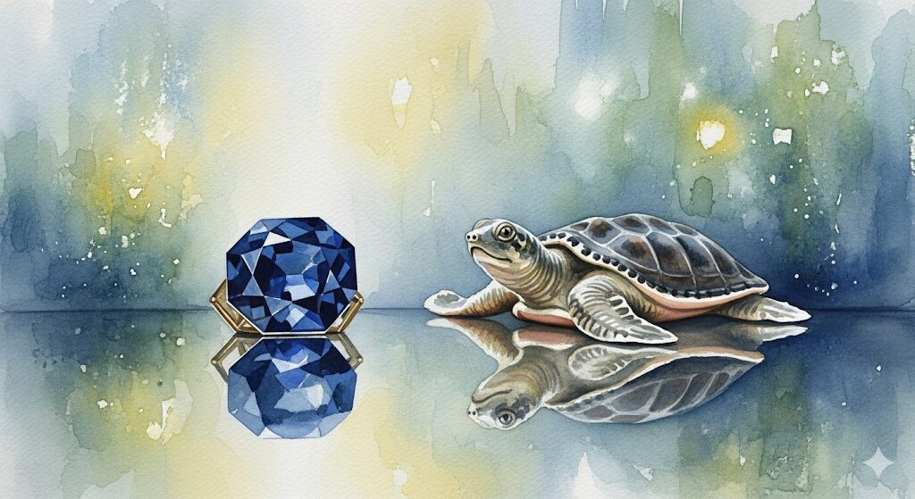 すっぽんと相性の良いスピリチュアルアイテムの静物画。サファイアと亀が描かれた、スッポン スピリチュアルなエネルギーを高める一枚。