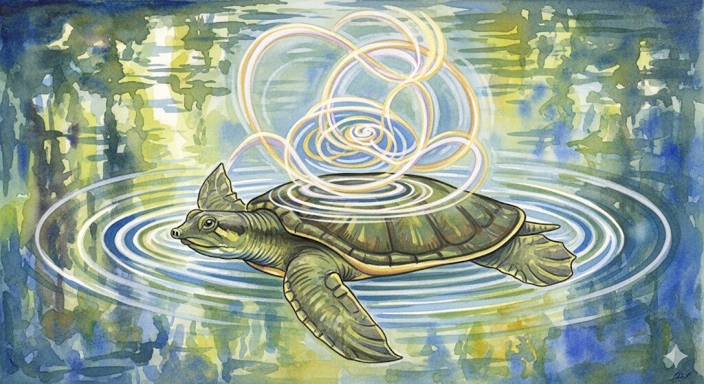 水面に広がる波紋が知らせるスッポンのスピリチュアルなサイン。モネ風水彩画で描かれた、スッポン スピリチュアルからのメッセージ。