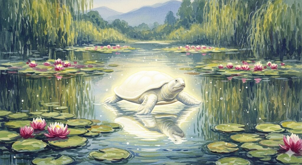 幸運の象徴である白いすっぽんとの出会いを描いたアート。スッポン スピリチュアルな浄化と転機を告げる、光り輝く亀のイラスト。