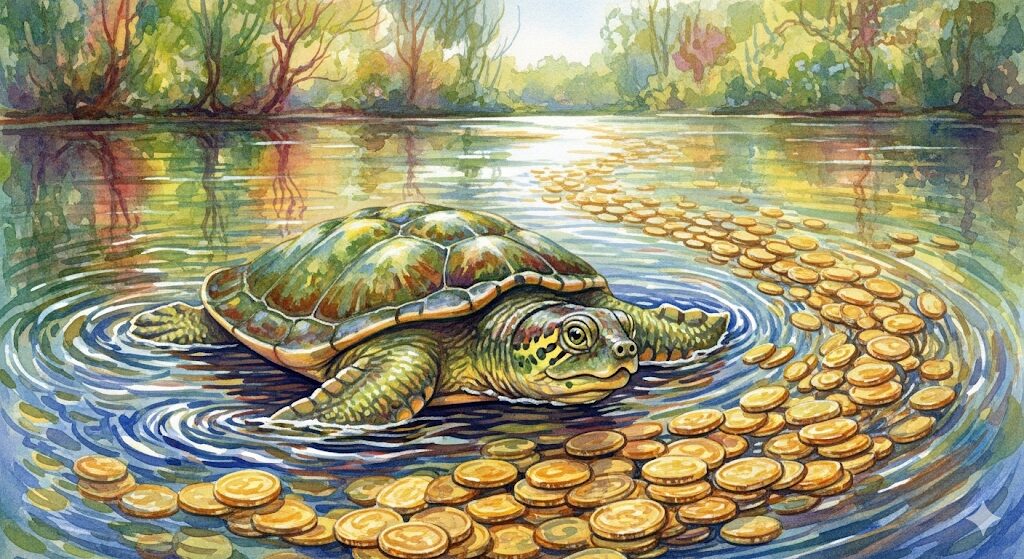 すっぽんがもたらす金運への影響をイメージした水彩画。金貨の川を泳ぐ亀は、スッポン スピリチュアルな豊かさの流れを象徴します。