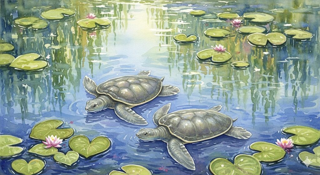 恋愛におけるすっぽんのスピリチュアル効果を描いたイラスト。ハート形の蓮の葉の間を泳ぐ二匹の亀が、調和と愛情を表現します。
