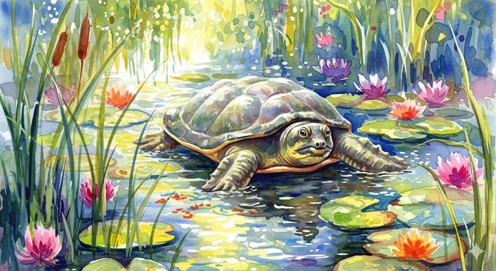 健康運とすっぽんの深い関わりを示した生命力あふれる絵。スッポン スピリチュアルな視点から見た、心身の調和と活力の象徴。