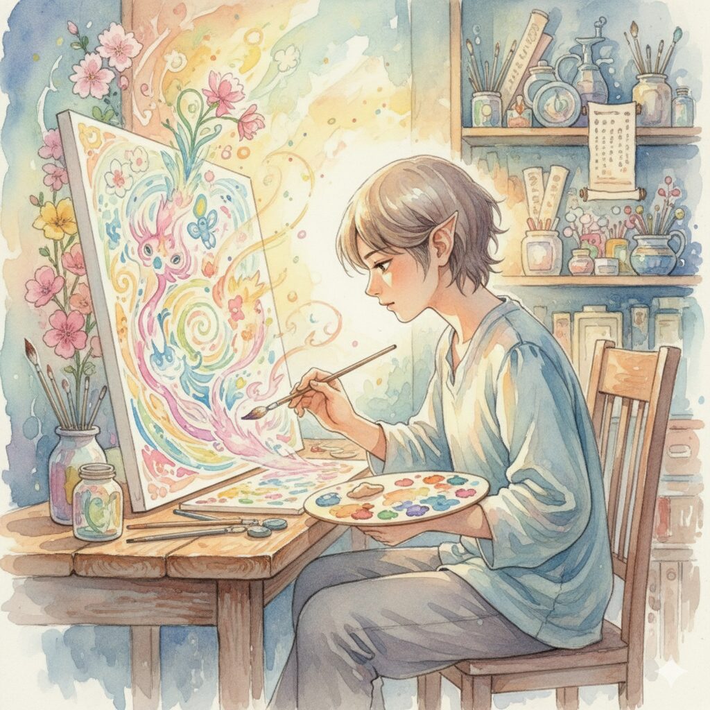耳が小さい芸術家が創作に没頭するスピリチュアルな水彩画。繊細な感性と創造性が輝く情景。