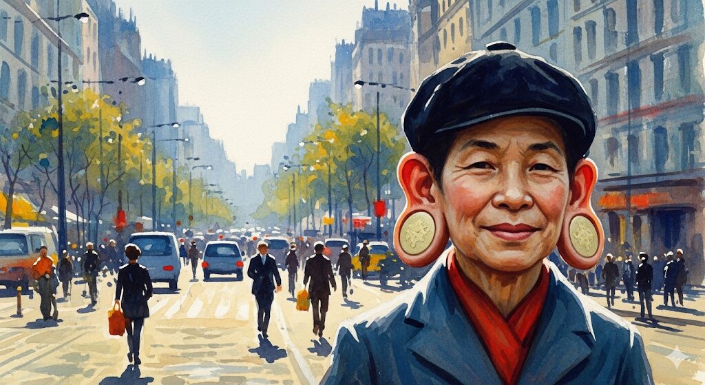 耳が厚い人物が活気あふれる街にいる水彩画。金運と幸福を象徴する福耳を描写。