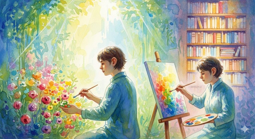 耳が小さいスピリチュアルな人物が才能を発揮する神秘的な水彩画。向いている職業を象徴的に表現。