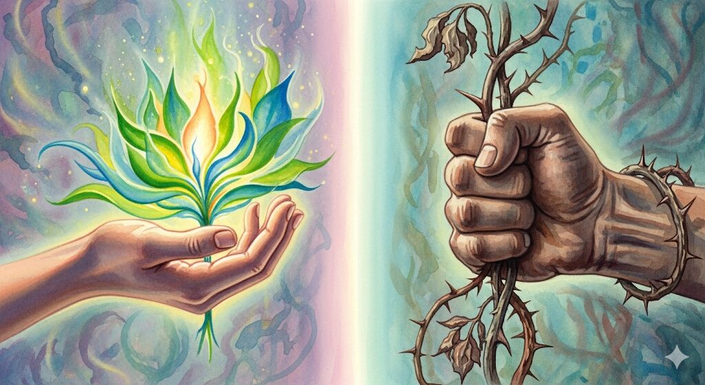 輝く植物を優しく持つ手と枯れた棘を握りしめる手の対比を描いた水彩画。「物持ちがいい人」のスピリチュアルな愛と執着の違いを分かりやすく表現しています。