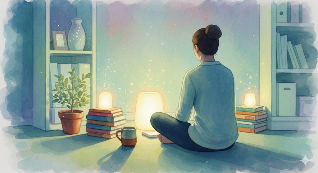 整然とした部屋で愛用品に囲まれ静かに座る人の水彩画。「物持ちがいい人」のスピリチュアルな特徴である、満たされた心と丁寧な暮らしを表現しています。