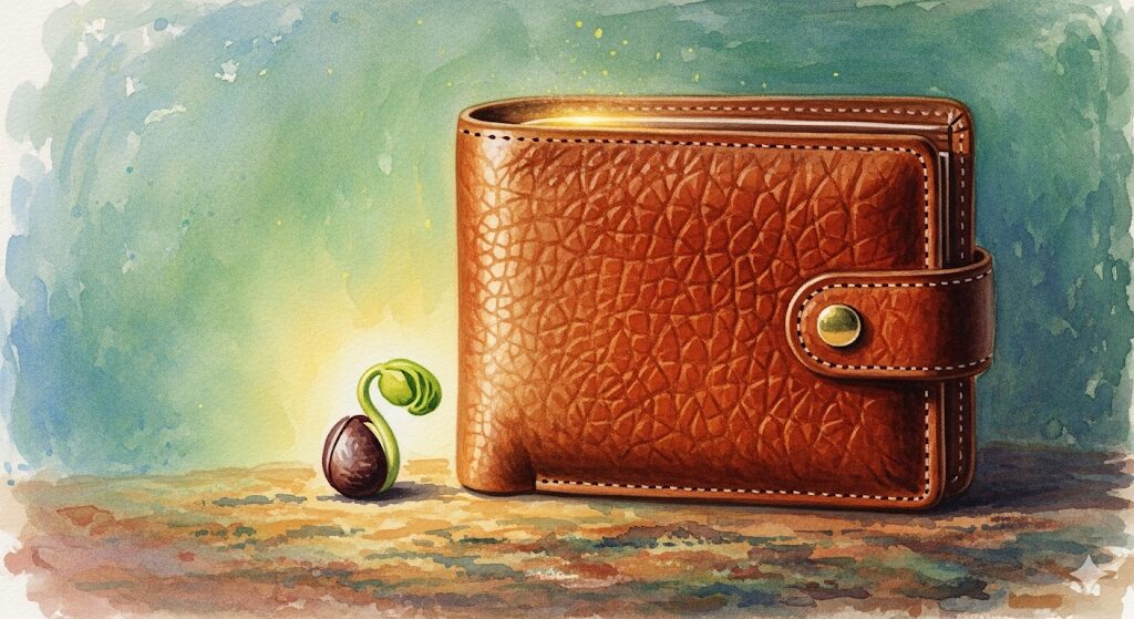 丈夫な財布から金色の光が放たれ、隣の新芽を照らす水彩画。「物持ちがいい人」のスピリチュアルな金運アップと豊かさの循環をイメージさせます。