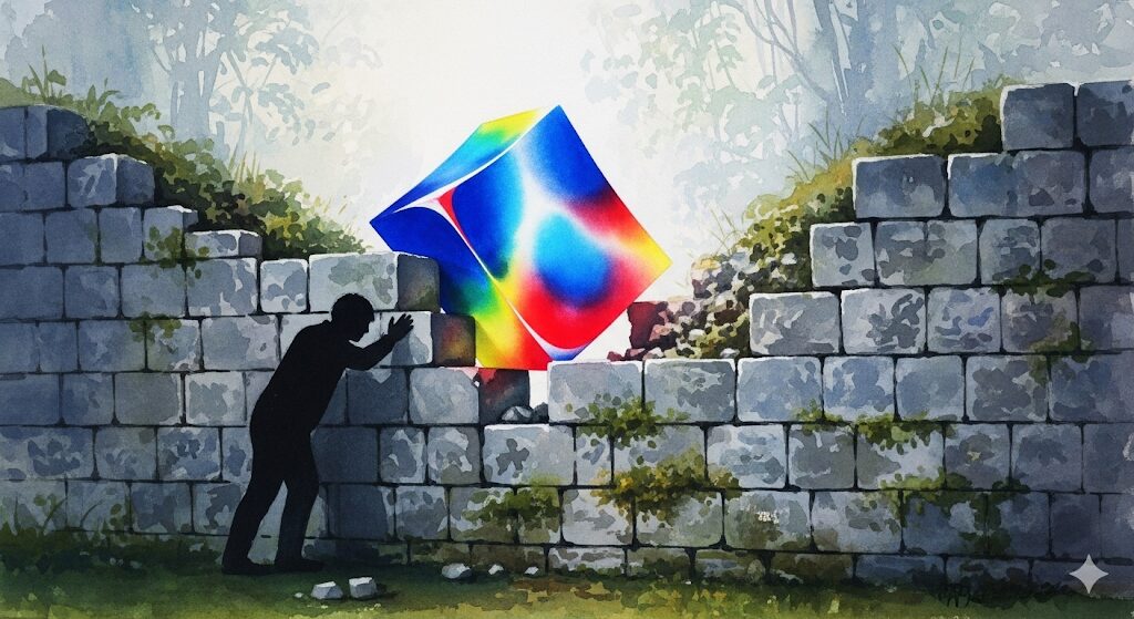 古い壁に新しい形のブロックをはめ込もうとして苦労している人の水彩画。「物持ちがいい人」のスピリチュアルな短所である、変化への抵抗や頑固さを示唆します。