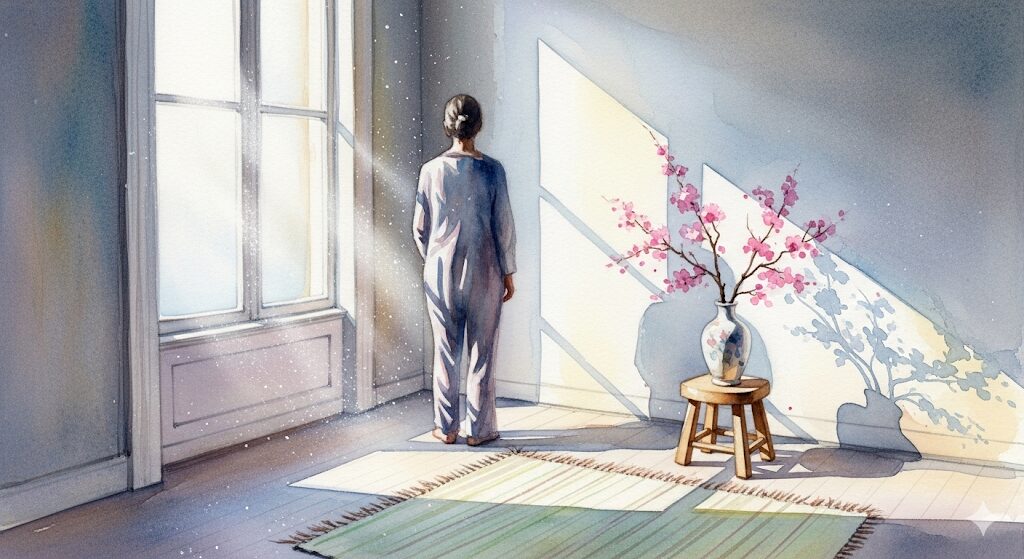 厳選された美しい物だけが置かれたシンプルな部屋に光が差し込む水彩画。「物持ちがいい人」とミニマリズムのスピリチュアルな関係性、本質的な豊かさを示します。