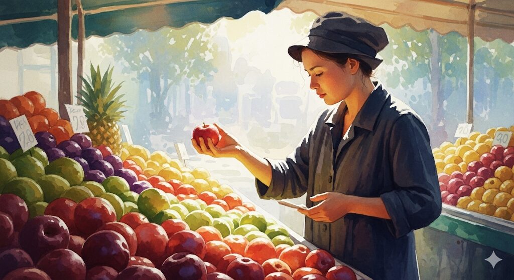 たくさんの果物の中から、たった一つを吟味して選んでいる人の水彩画。「物持ちがいい人」になるためのスピリチュアルな第一歩、意識的な選択を象徴します。