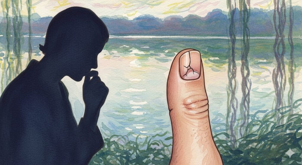 親指の爪が割れるスピリチュアルな意味合い。自己表現への不安を象徴し、割れた親指と、話すことをためらう人物が描かれた印象的な一枚です。