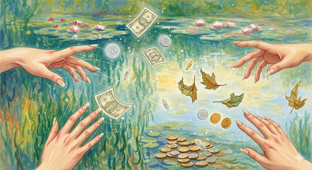 金運と爪の健康の意外なつながりを示す、モネ風の神秘的な水彩画。爪が割れるスピリチュアルなメッセージも示唆する画像。