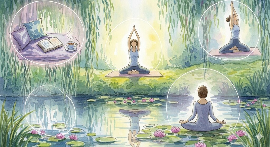 心を整えるセルフケア方法を示す、モネ風の神秘的な水彩画。爪が割れるスピリチュアルな状況から心を癒すヒント。