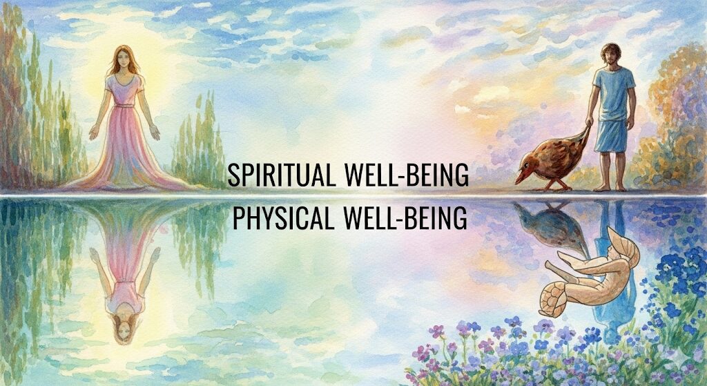 スピリチュアル以外の身体的要因と健康のつながりを示す、モネ風の神秘的な水彩画。健康面から見る体のサイン。