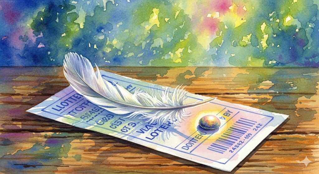 洗濯物の鳥のフンが宝くじ当選の前兆であるというスピリチュアルな言い伝えを基にした水彩画。宝くじ券の上に落ちた神秘的に光るフンが、幸運の訪れを暗示しています。