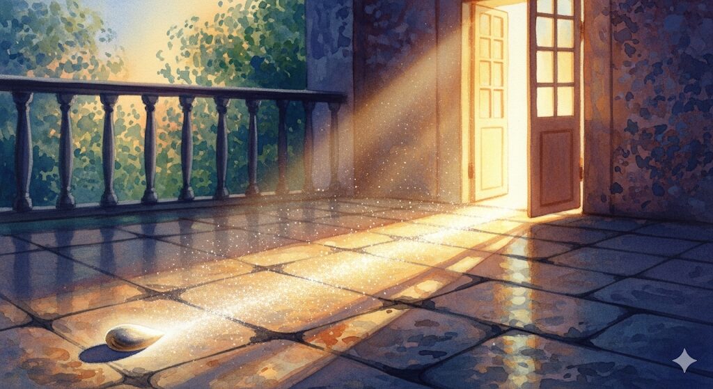 ベランダの鳥のフンが成功を掴む暗示であることを描いたスピリチュアルな水彩画。洗濯物の鳥のフンというテーマから、成功への光の道筋が示される様子を表現しています。