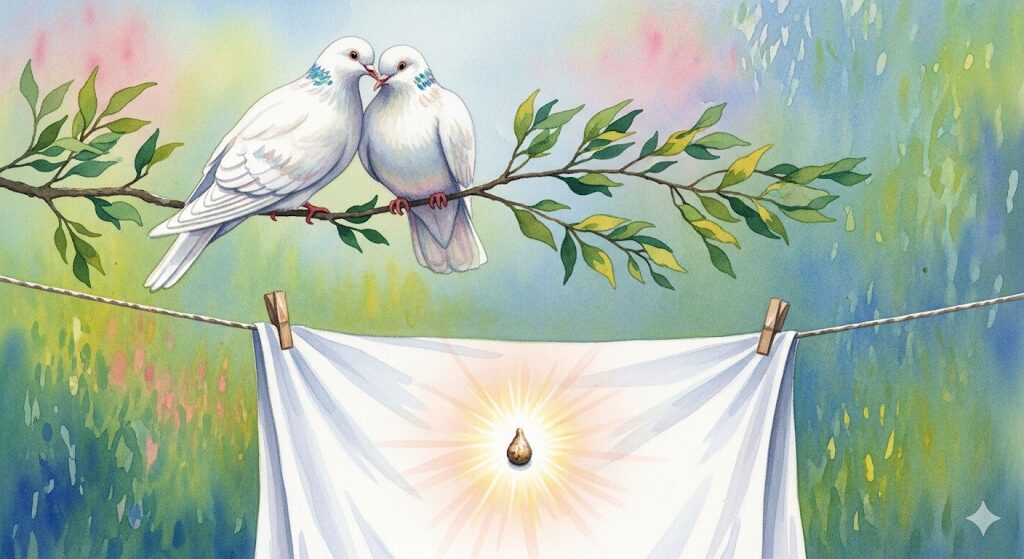 平和の象徴である鳩のフンが持つスピリチュアルな意味を描いた水彩画。洗濯物の上で光るフンと寄り添う鳩が、穏やかな幸運を象徴する様子を表現しています。
