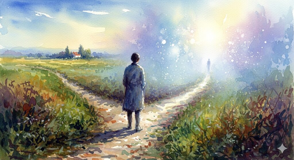 人間関係めんどくさいスピリチュアルな意味とは。人生の岐路に立つ人物のイラスト。新しいステージへの変化を水彩画で描いています。