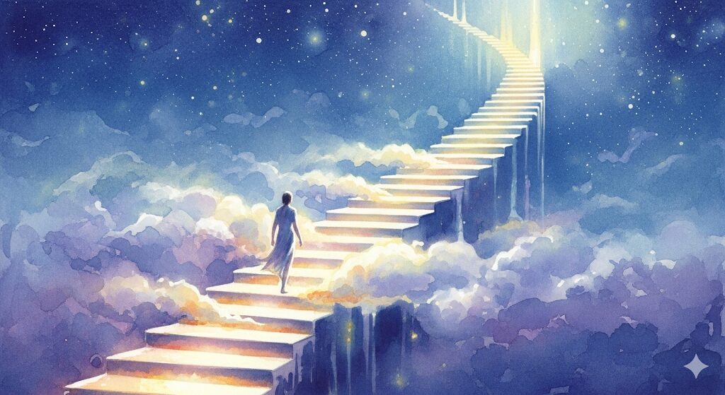 人間関係めんどくさいスピリチュアルな魂の成長。光の階段を上る人物のイラスト。魂のレベルアップの様子を水彩画で表現しました。