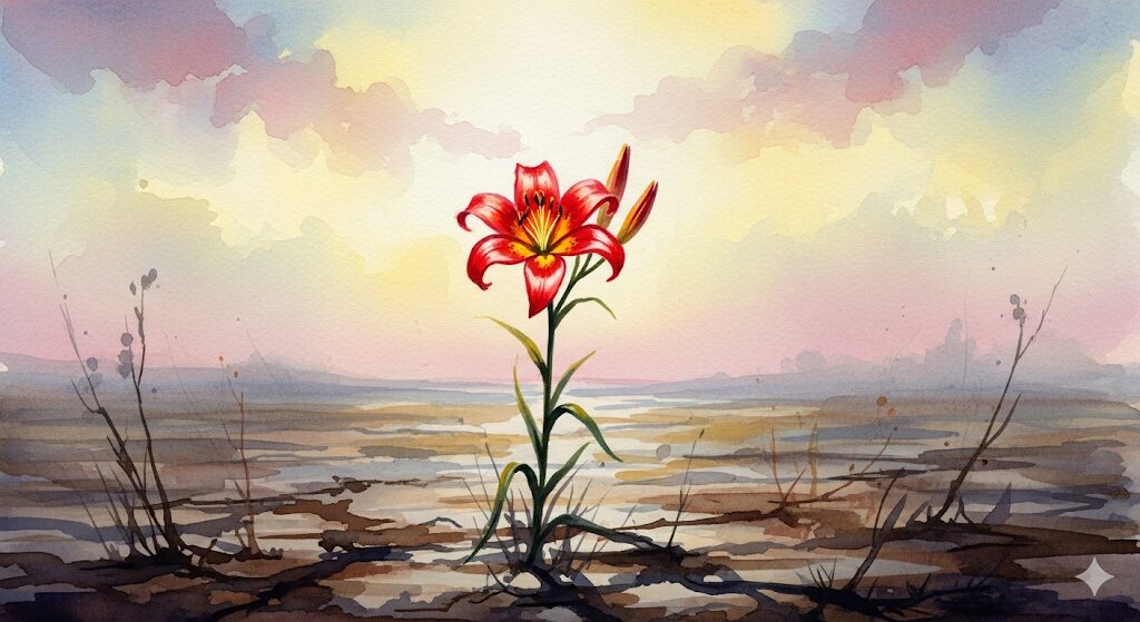 人間関係めんどくさいスピリチュアルな悩みの先にある成長。荒野に咲く一輪の花のイラスト。ポジティブな変化の兆しを水彩画で。